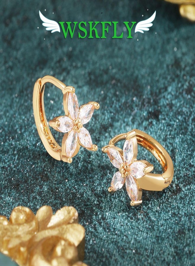 WSKFLY Gold Plated Flower Huggie Earrings with Zircon Crystals, Dainty Floral Hoop Earrings for Women, Elegant Jewelry Gift - Image 5